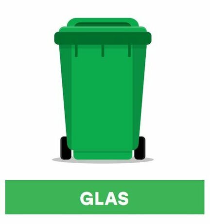 Das Bild zeigt eine grüne Tonne. Darunter steht das Wort Glas.