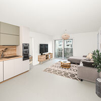 Pöhlbergstraße, Innenansicht Küche mit Wohnbereich, Beispielhafte Möblierung – Möblierung ist nicht enthalten